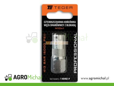 Czteroszczękowa końcówka węża smarownicy z blokadą M10x1. 413 BAR (6000 PSI) Professional TEGER